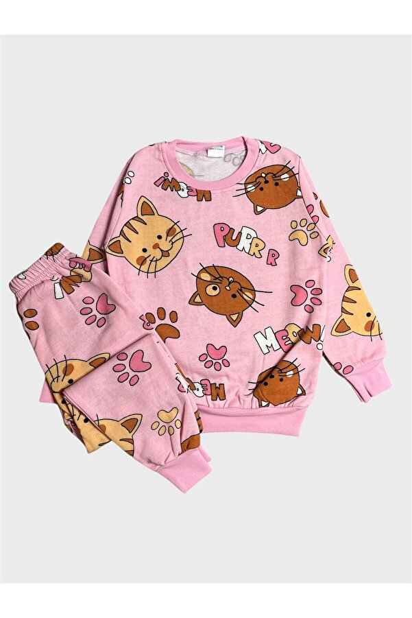 ALİŞ KİDS Kız Çocuk Pamuklu Şardonlu Pembe Kedi Desenli Uzun Kollu Kışlık Pijama Takımı