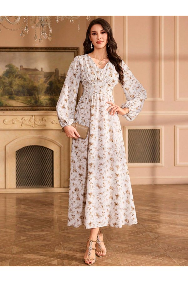 Take Two By Styli Floral Maxi Dress with Volume Sleeves