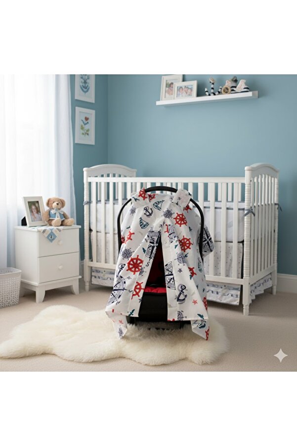 SerSev Denizci Temalı Bebek Puset Örtüsü Çapa & Dümen Desenli Çıt Çıtlı Puset Örtüsü