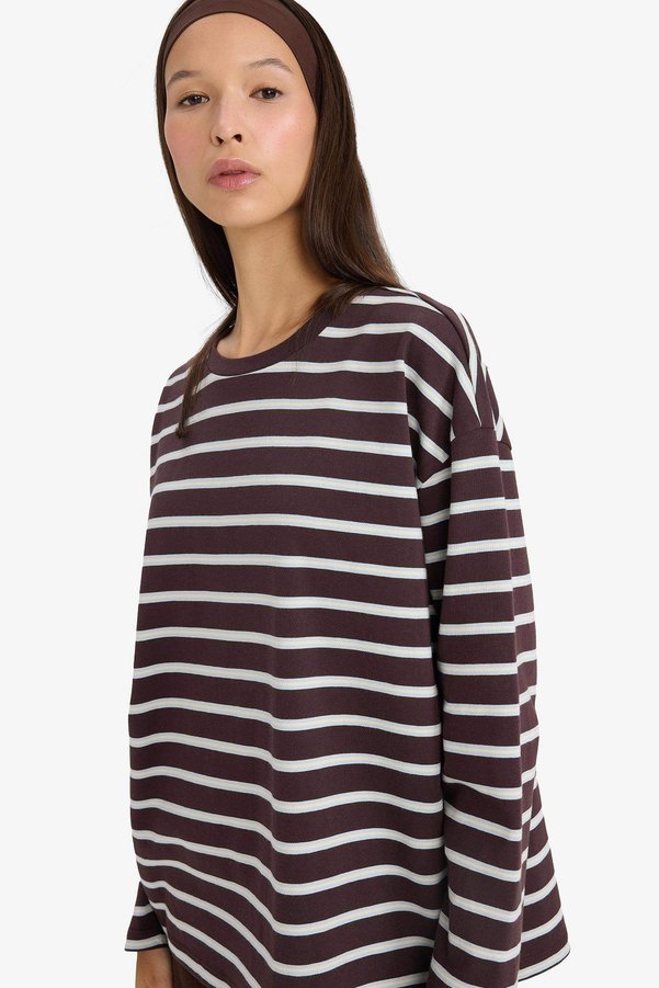 Defacto 100% Cotton Loose Fit Striped Sweatshirt F7758Ax25Au