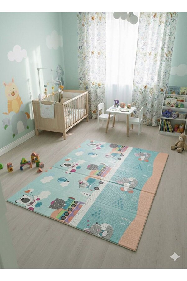 JOYLINO Katlanabilir Çift Taraflı Eğitici Çocuk Oyun Matı, Halısı 180x150 (Taşıma Çantalı)-Mavi Alfabe