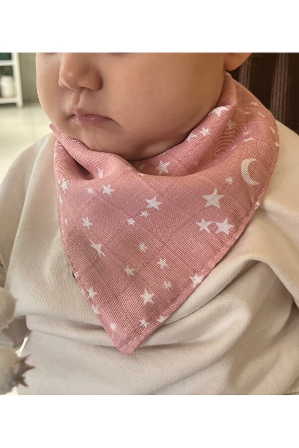 runbaby (PEMBE YILDIZ) Müslin Kumaş Çıtçıtlı Bebek Salya Önlük & Fular