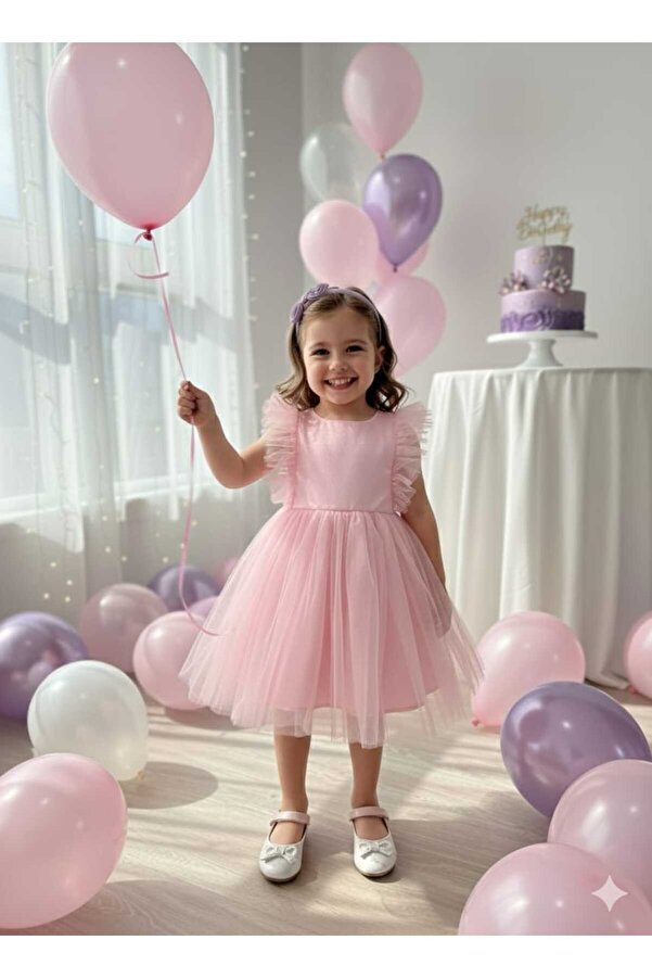 penu baby kids Pembe Tüllü Kolsuz Kız Bebek Elbise - Christie