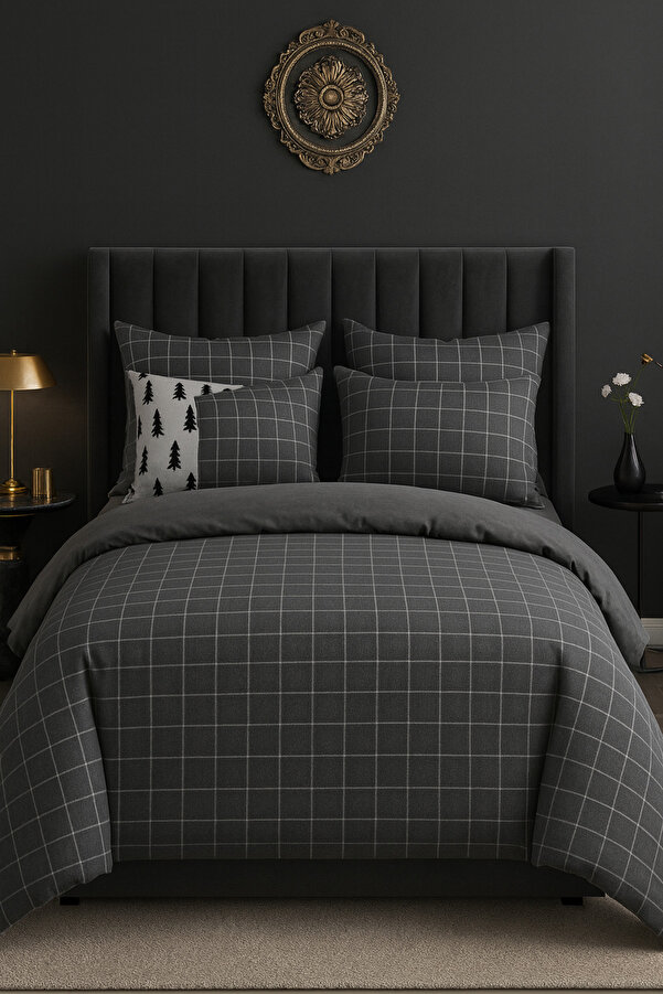 uykulife home collection UYKULİFE DOĞA SERİSİ FÜME  MİNİKARE TEK KİŞİLİK LASTİKLİ ÇARŞAFLI NEVRESİM TAKIMI