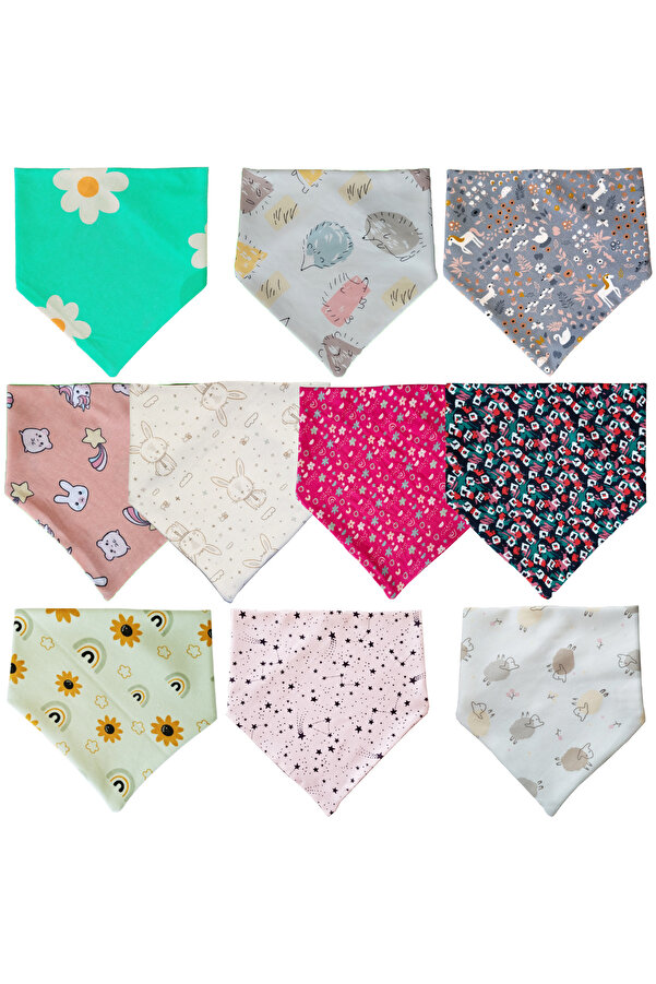 Baby Minik Kız Bebek Üçgen Fular Penye Salya Ve Mama Önlüğü 10 Adet