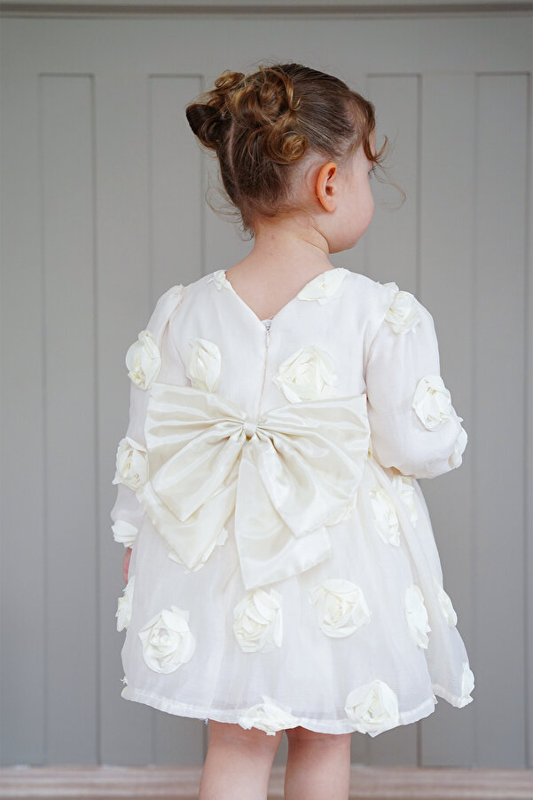 ALYRA Kız Bebek Elbise Uzun Kollu Fiyonklu Güllü Doğum Günü Parti Düğün Özel Gün Abiye Kız Çocuk Elbise