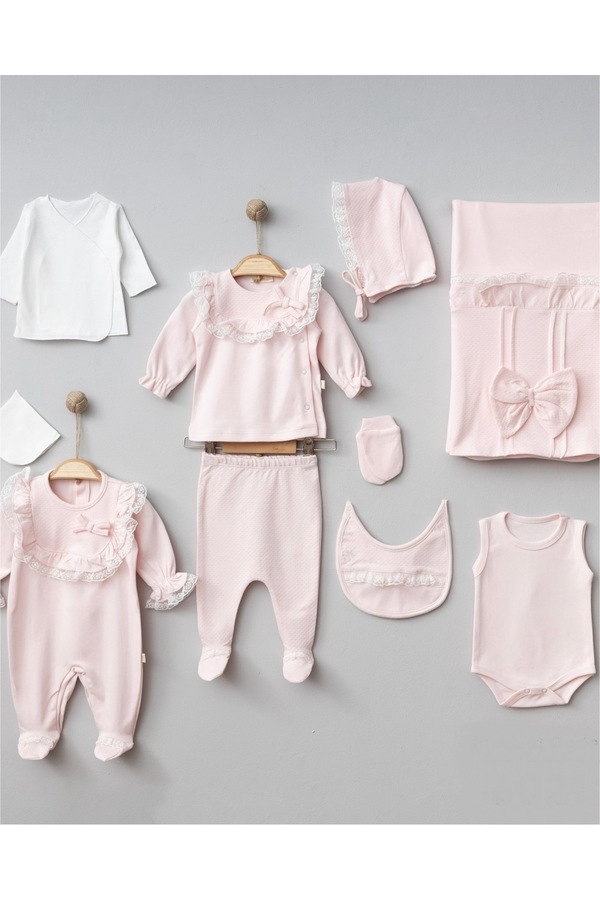 Mert Baby Bella 10'lu Organik Hastane Çıkış Seti Pembe %100 Pamuk Yenidoğan Kız Bebek