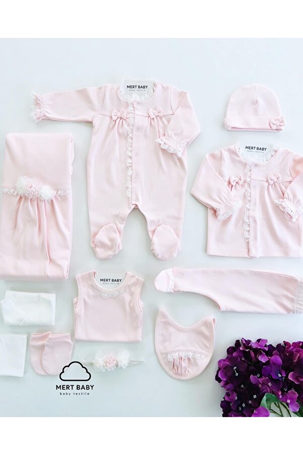 Mert Baby Mathilda 10'lu Organik Hastane Çıkış Seti Pembe %100 Pamuk Yenidoğan Kız Bebek
