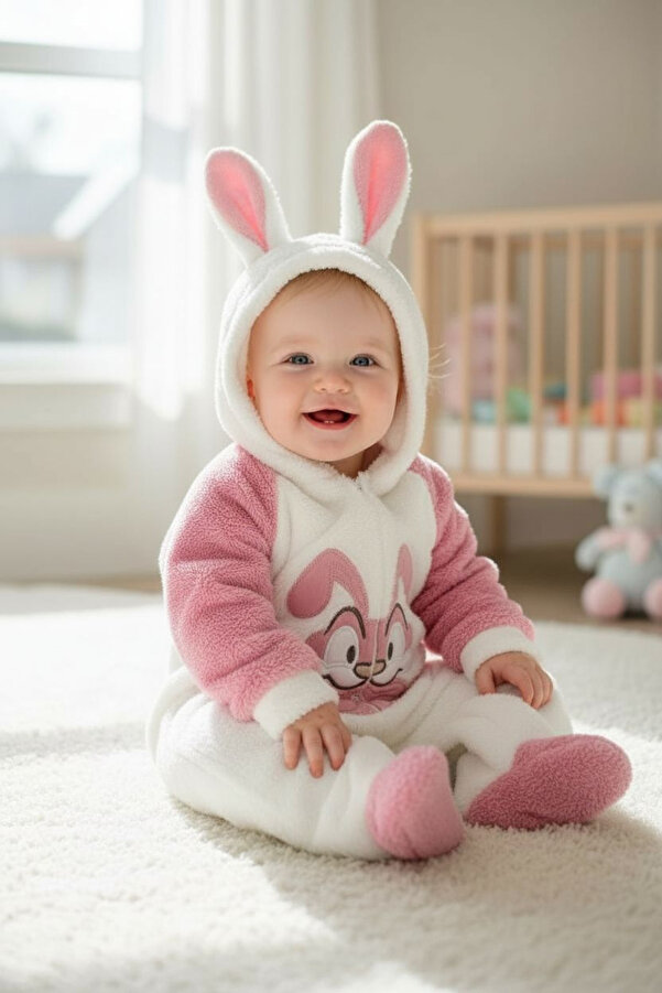 eomix kids Kışlık bebek tulum tavşan figürlü Welsoft puf kumaş tavşan nakışlı çıtçıtlı 6-9 ay