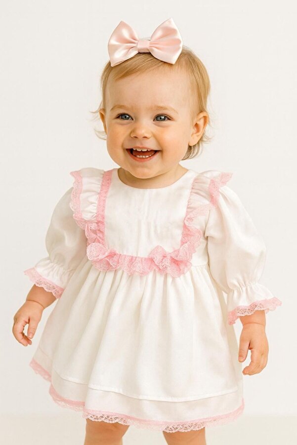Hobidik Kız Bebek Kırık Beyaz Pembe Güpürlü Önlüklü Elbise Set