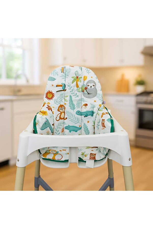 Bebek Özel %100 Pamuklu Bebek Çocuk Mama Sandalyesi Minderi Yeşil Orman Desenli Yıldızlı Antilop