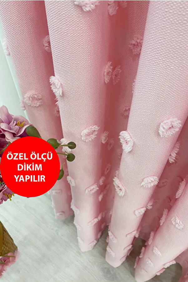 Perde Pendik Fon Perde Şeker Pembe Pufy Püsküllü, Ponponlu, Perde Sık Pileli Keten Pano Fon Tek Kanat