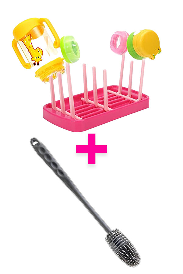 Beatitude Biberon Temizleme Fırçası Ve Pembe Biberon Kurutucu Aparat Set Suluk Matara Şişe Kurutma Temizleme