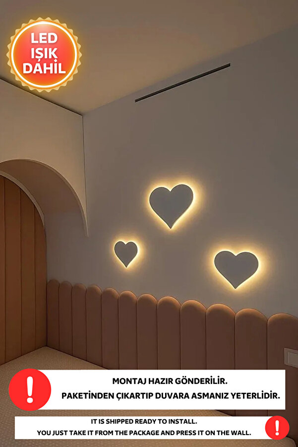 Dekorvin 3 Adet Kalp Led Işık Gece Lambası Bebek Çocuk Odası Duvar Dekorasyonu Aydınlatma Ahşap Gece Lambası