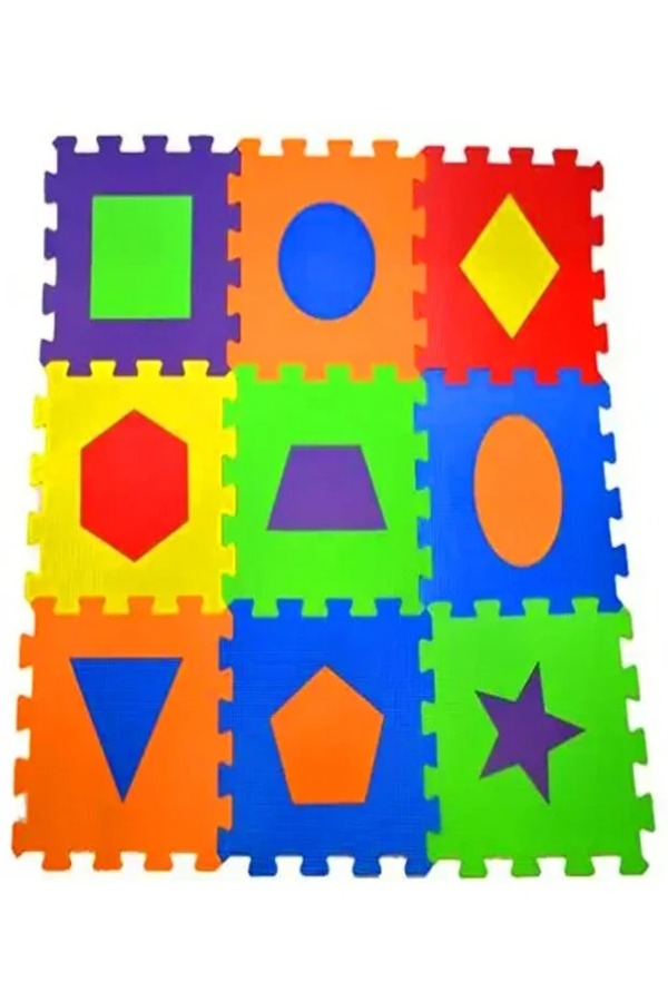 BebeMango 9 Parça Büyük Boy Sünger Yapılı Oyun Karosu Yer Matı Puzzle Yapboz-Geometrik Şekiller