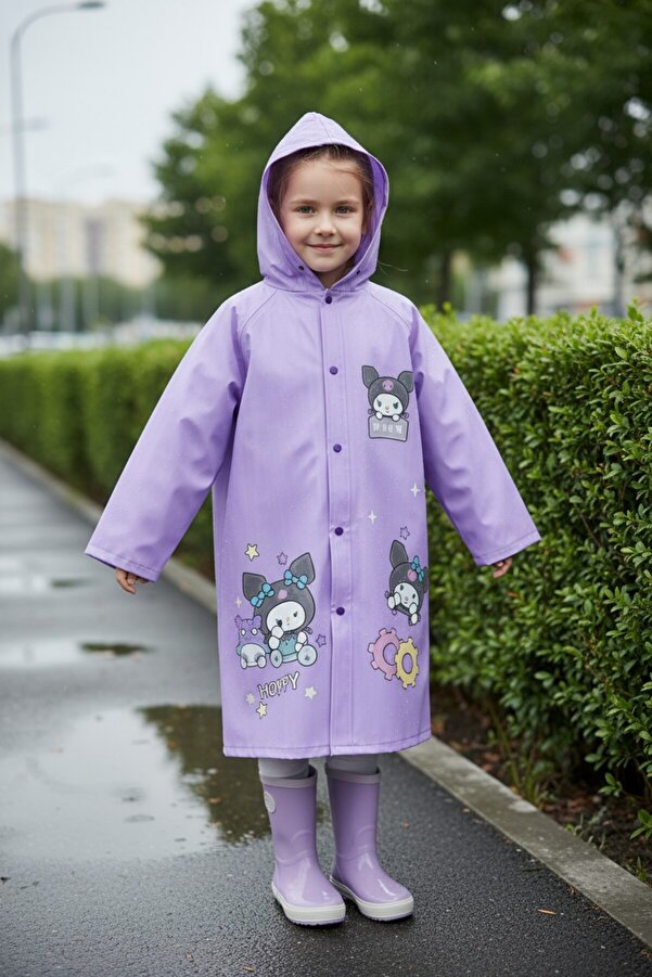 VANCKEY EVA Kumaş Kapüşonlu Desenli Cepsiz Çıtçıtlı Çocuk Yağmurluğu Çanta Koruyuculu Çocuk Yağmurluk