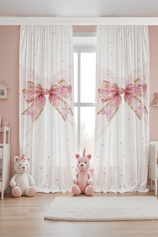 Evpanya Pembe Simli Puantiyeli Fiyonk Desenli Çocuk Bebek Odası Fon Perde (Tek Kanat Fiyatlandırma)