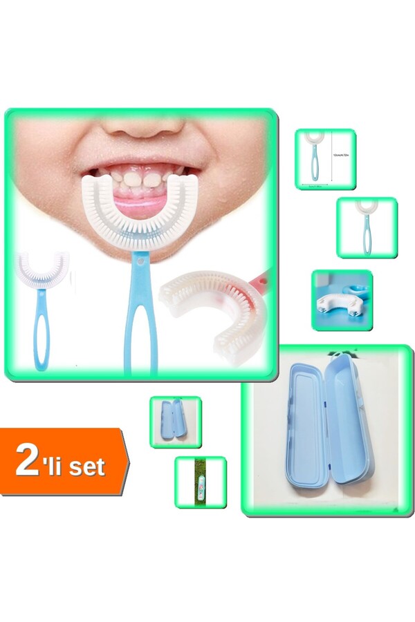 HerEveOyuncak Silikon Çocuk Diş Fırçası 2-12 Yaş + Turkuaz Multi Kalemlik Saklama Makyaj Kutusu - 2li Set B4M6H2
