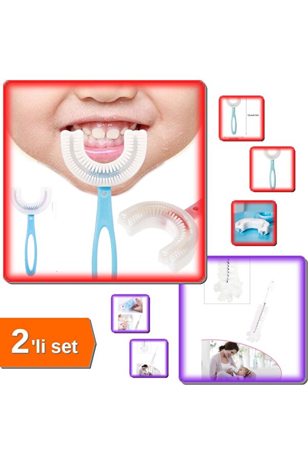 HerEveOyuncak U Şekli Silikon Çocuk Diş Fırçası 2-12 Yaş + Hijyenik Biberon Temizleme Fırçası - 2li Set E7N0U2