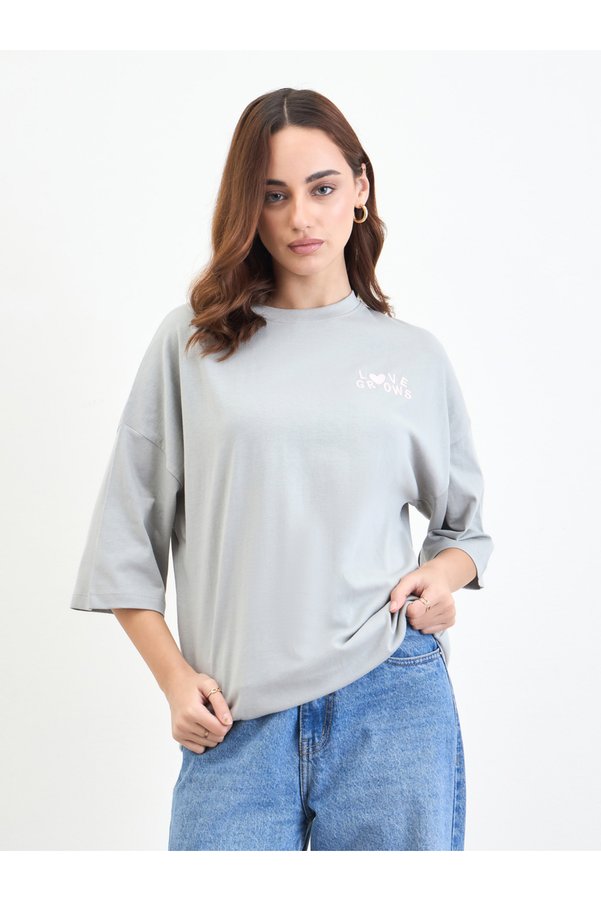 Styli Grey Oversized T-Shirt with 3/4 Sleeves