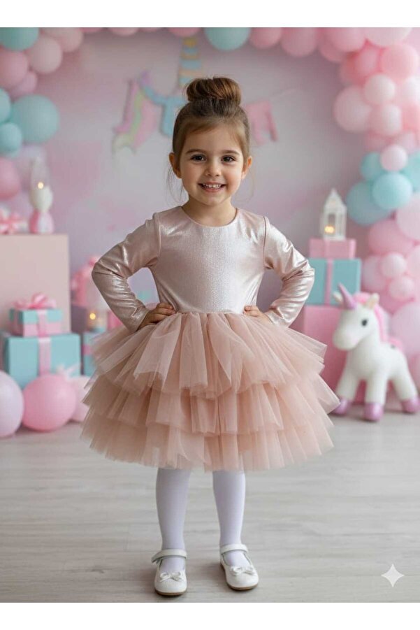 penu baby kids Pudra Parlak Jarse Kat Etekli Uzun Kolu Kız Çocuk Kız Bebek Elbise