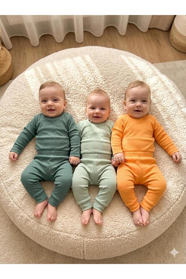 babykugu 3'lü %100 Pamuklu Uzun Kol Bebek Body Pantolon Takım