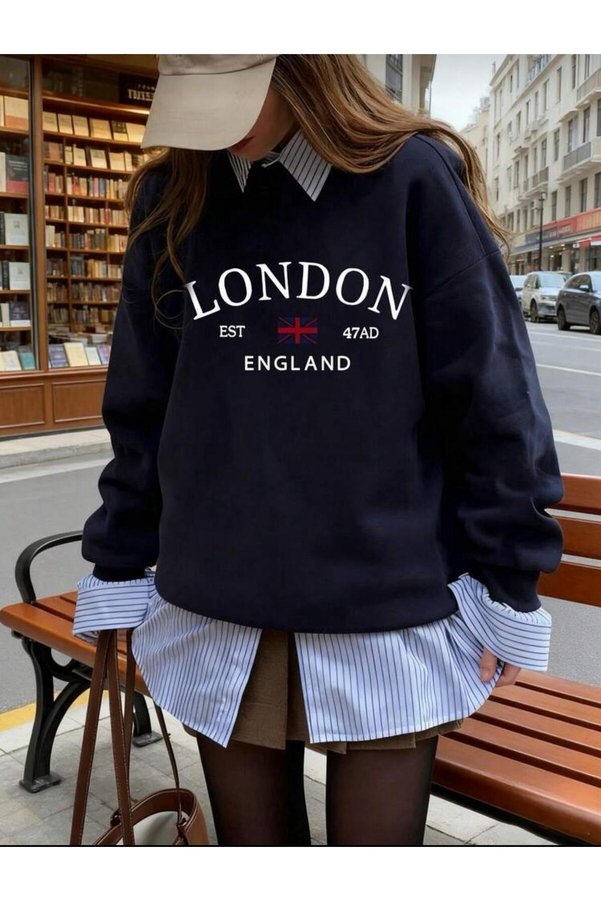 trendgar Women's Navy Blue Printed London England Crew Neck Sweatshirt