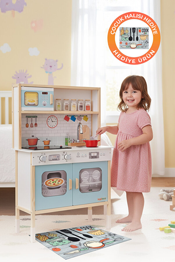 ROZİTOYS Ahşap Oyuncak Mutfak Montessori Led Ocaklı Mutfak, Çocuk Mutfağı, Hediye Halı DBG102