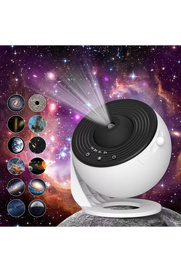 GreaTech Galaxy Projektor Yıldızlı Gökyüzü Gece Lambası 12 Film Diskli Galaksi Işık Projektörü