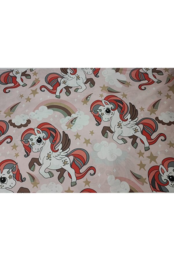 Bebek Özel Yarım Metre Pamuklu Kumaş Yeni Pembe Unicorn Gökkuşağı Desenli 50x240 cm