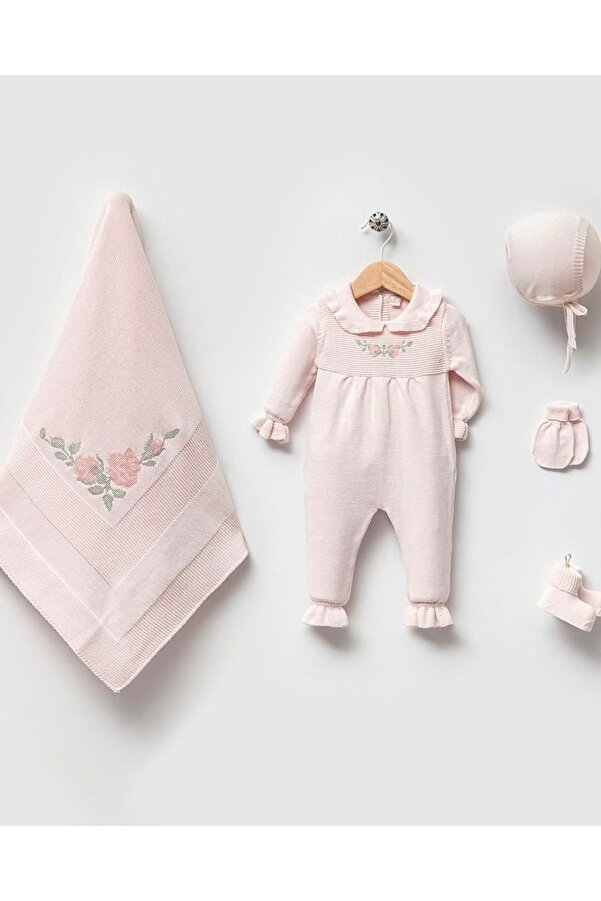 Mert Baby Zarif Kanaviçe Triko 5'li Organik Hastane Çıkış Seti Pembe %100 Pamuk Yenidoğan Kız Bebek