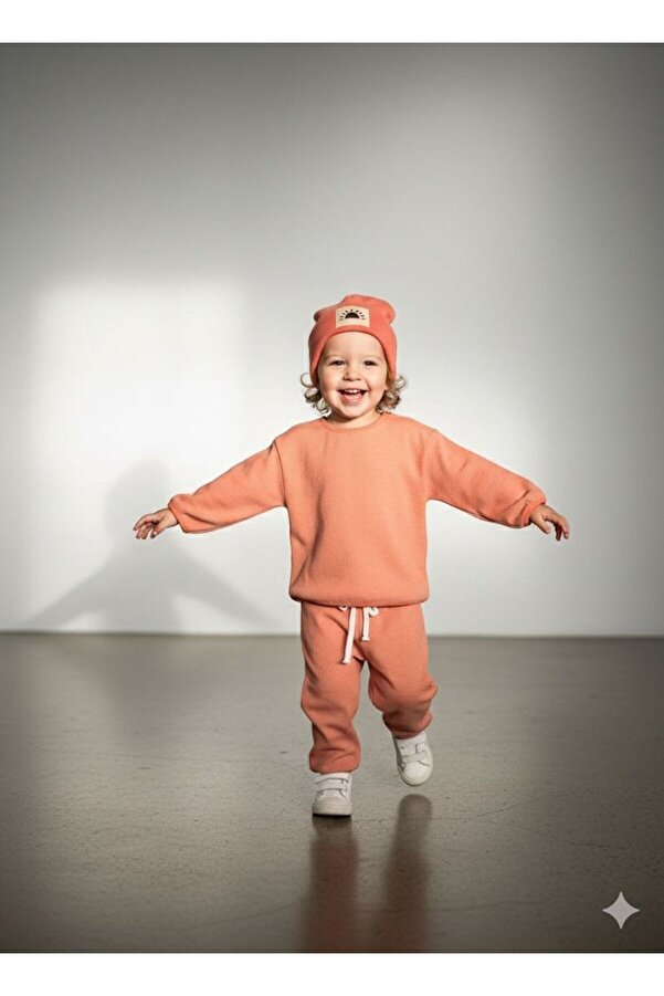 Kuğu Baby Unisex Waffle Pembe Bereli Üçlü Takım