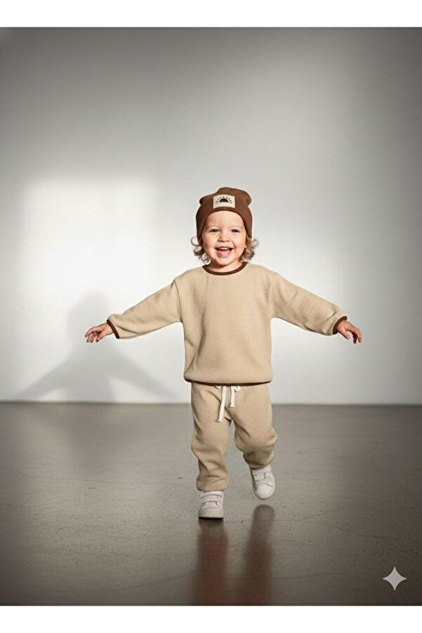 Kuğu Baby Unisex Waffle Bereli Üçlü Takım