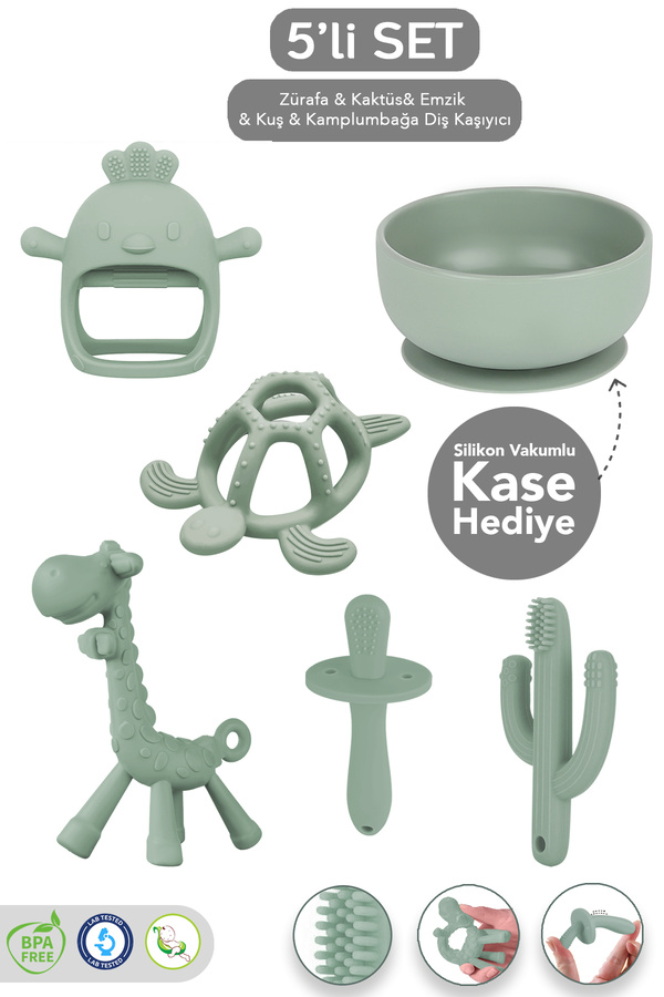 Meleni Baby 5'li Silikon Diş Kaşıyıcı Seti - Vakumlu Kase Hediyeli Hayvan ve Kaktüs Şekilli Dişlik Seti Yeşil