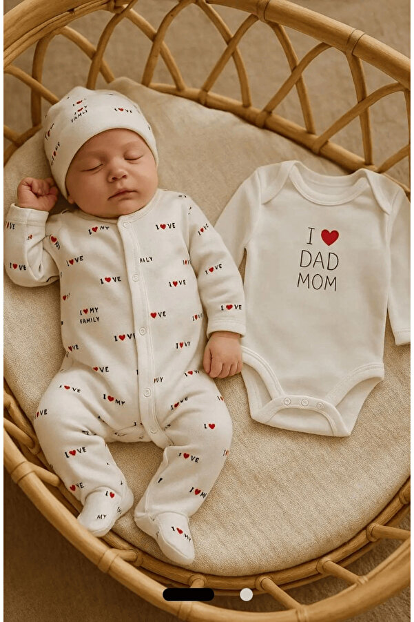 Kereminko Bebek I Love Family & I Love Dad Mom Bebek Tulum Body Seti – Unisex 2’li Pamuklu Takım
