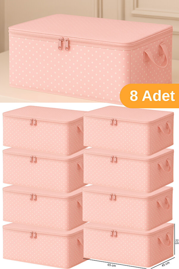 Serstil 8 Adet - Pembe Benekli Büyük Boy Baza Altı Ve Çekyat Tipi Hurç 65 x 45 x 22 cm