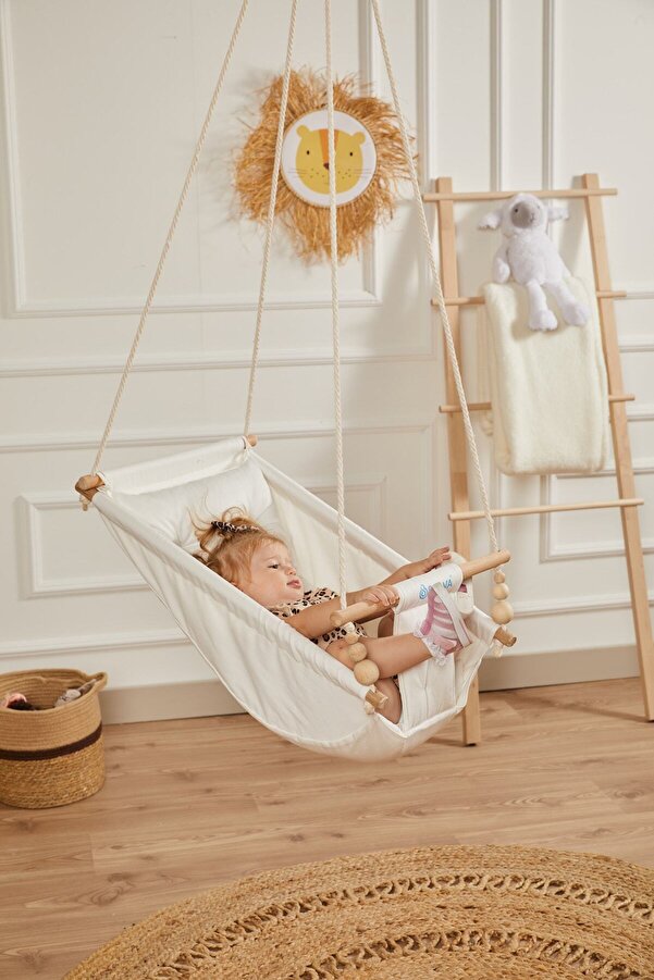 Svava Rüya Ahşap Bebek Hamak Salıncak - %100 Pamuk Ev Tipi Tavan Salıncağı (ham Kumaş)