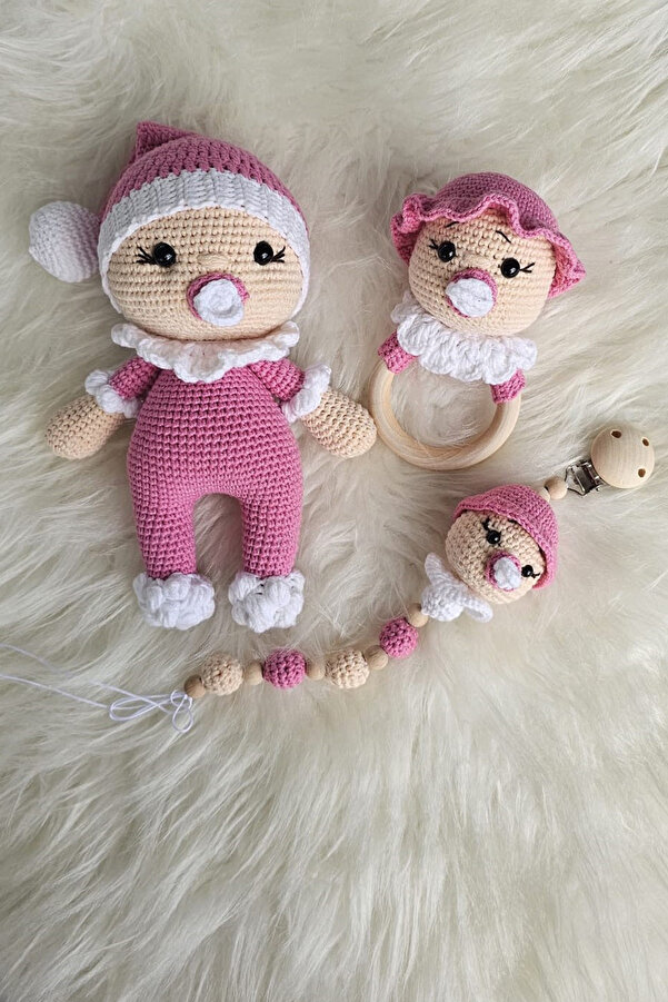 kelebeginruyasihobievi Amigurumi Yenidoğan Emzikli Uyku Arkadaşı Bebek, Çıngırak ve Emzik Zinciri