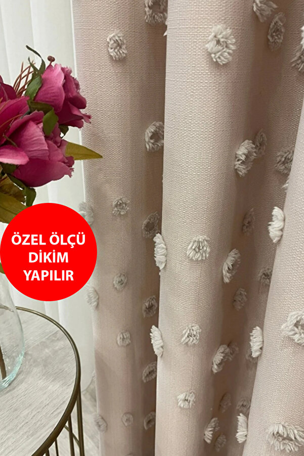 Perde Pendik Fon Perde Bej Pufy Püsküllü, Ponponlu, Perde Sık Pileli Keten Pano Fon Tek Kanat