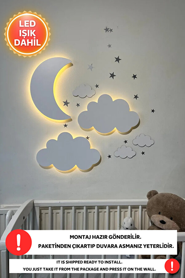 Dekorvin 2 Bulut 1 Ay Dede Set Gece Lambası Bebek Çocuk Odası Duvar Dekorasyonu Aydınlatma Ahşap Gece Lambası