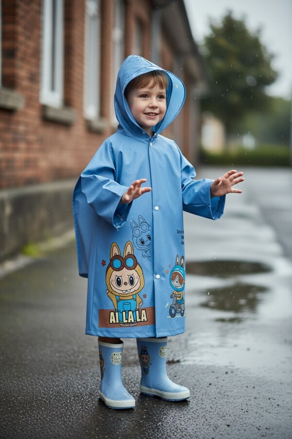 VANCKEY EVA Kumaş Kapüşonlu Desenli Cepsiz Çıtçıtlı Çocuk Yağmurluğu Çanta Koruyuculu Çocuk Yağmurluk