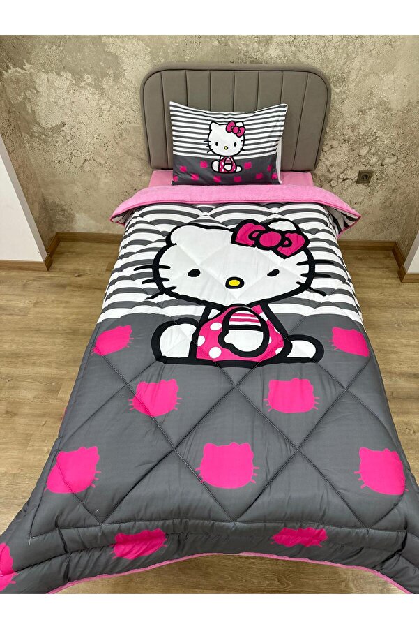 adenkahome Hello Kitty Desenli, Çift Taraflı Tek Kişilik Welsoft Uyku Yorgan Seti (ÇARŞAFLI)