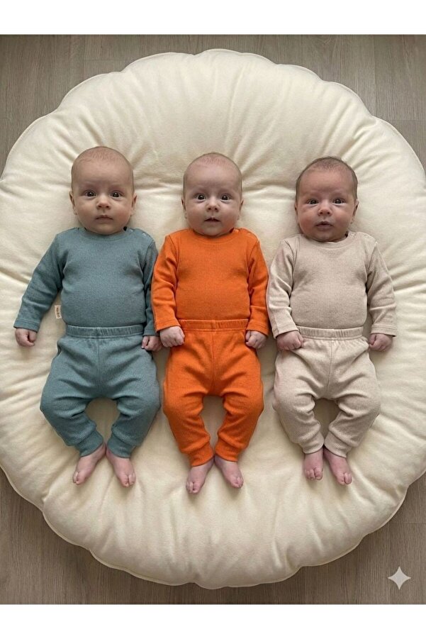 babykugu 3'lü %100 Pamuklu Uzun Kol Bebek Body Pantolon Takım