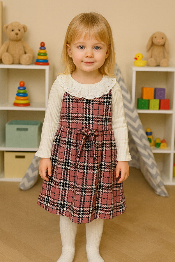 SANTRALBEBE Kız Çocuk Ekoseli Yakası Fistolu Jile Elbise