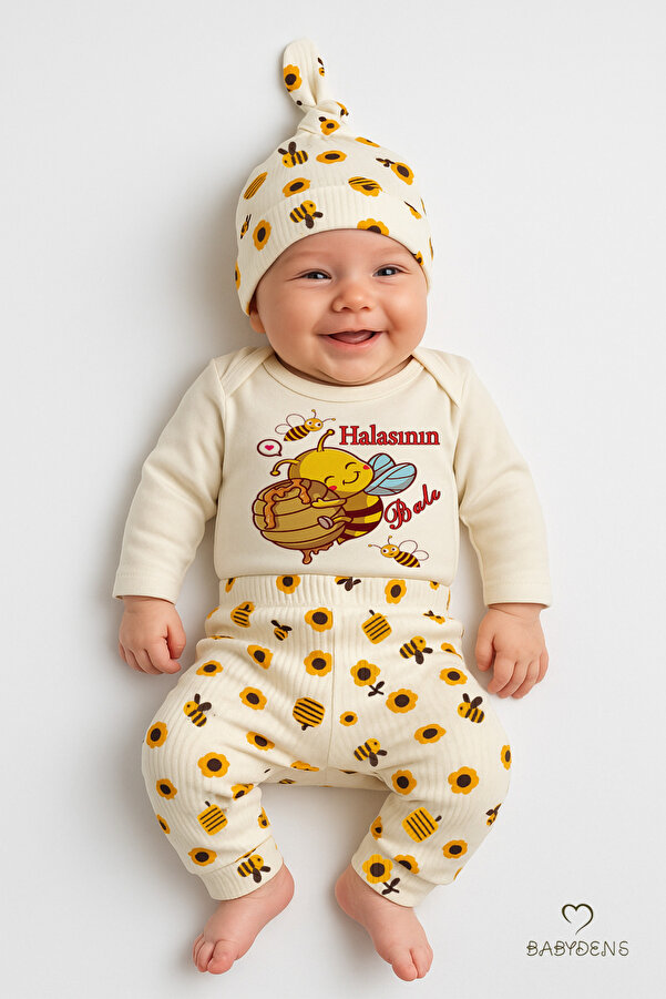 BABYDEN'S Halasının Balı 3’lü Yenidoğan Takım %100 Pamuk Uzun Kol Body,Çiçek Arı Desenli Ribana Pantolon,Bere
