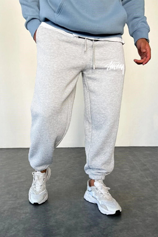 Stüssy Baskılı Kışlık 3 İplik Şardonlu Rahat Kesim Paçası Lastikli Pamuklu Gri Jogger Eşofman Altı