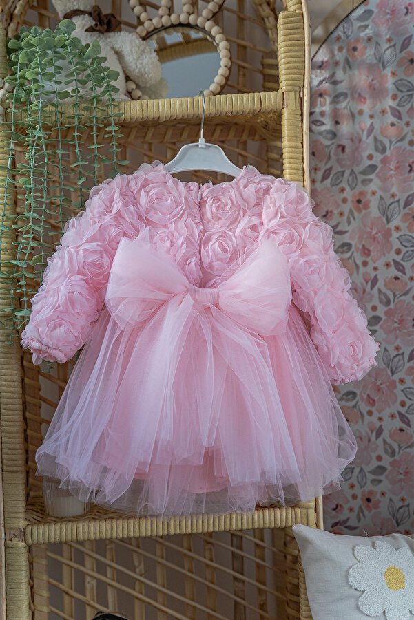 ALYRA Kız Bebek Elbise Uzun Kollu Fiyonklu 3D Gül Aplikeli Doğum Günü Parti Düğün Özel Gün Pamuk Elbise