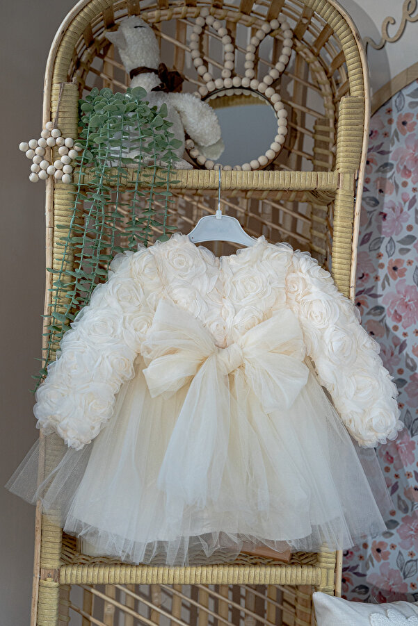 ALYRA Kız Bebek Elbise Uzun Kollu Fiyonklu 3D Gül Aplikeli Doğum Günü Parti Düğün Özel Gün Pamuk Elbise