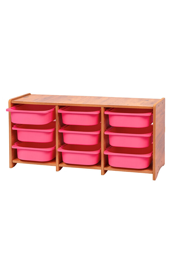 BEEVOLİ 18mm MDF Ceviz Çocuk Odası Dolabı, Pembe Çekmeceli 9’lu Düzenleyici Ünitesi 110x45x60