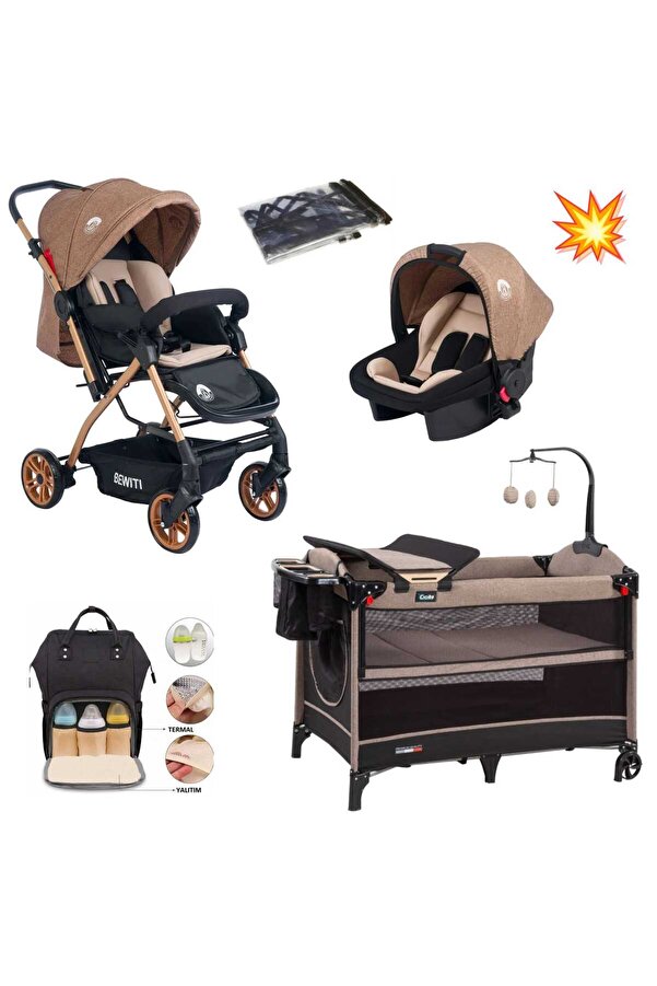 4KİDS Bebek Çeyiz Seti Gold Çift Yön Bebek Arabası Oyun Parkı Beşik(Park Beşik) Bebek Puset Bakım Çantası